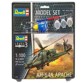 Revell AH-64A Apache Modellező készlet Helikopter 1:100, 56 darabos + festékek + ragasztó + ecset